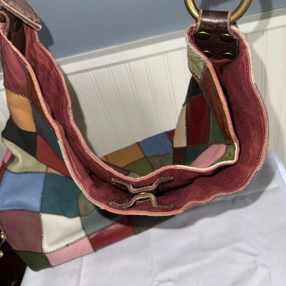 Lucky Brand Large Patchwork Leather Suede Hobo Shoulder Bag Purse Mika Abdalla